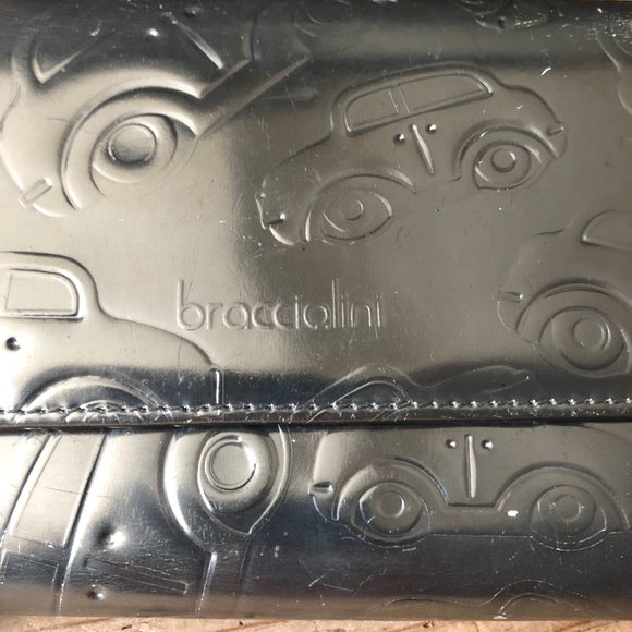 Braccialini Metallic Silver Embossed Cars Leather Trifold Checkbook Wallet - Picture 7 of 16